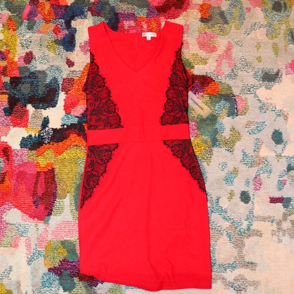 Red + Black Lace Side Cocktail Dress - Picture 1 of 2